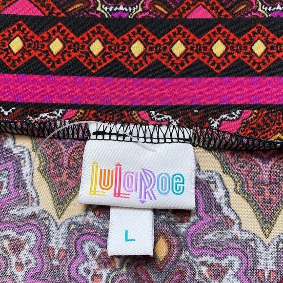 LULAROE Boho Midi Skirt Size Large Stretch Jersey Red Aztec Print Pullon High Lo - Picture 5 of 8